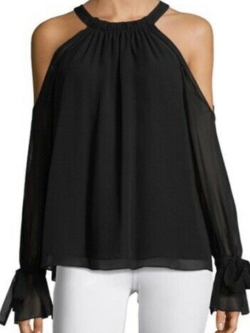 BCBGMAXAZRIA Black Fatima Silk Cold-Shoulder Halter Blouse Top Small